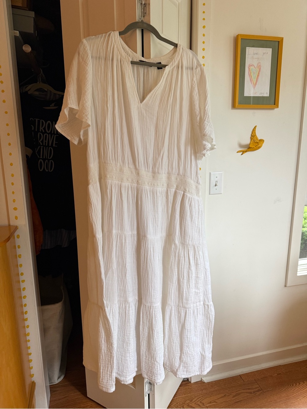 Women’s White V-Neck Tiered Cotton Gauze Dress
